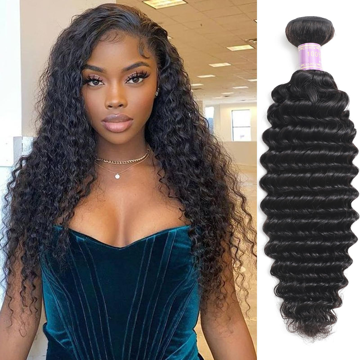 Vligcor 18&quot; Deep Wave Human Hair Bundles - 100% Unprocessed Virgin Brazilian Hair, Natural Black