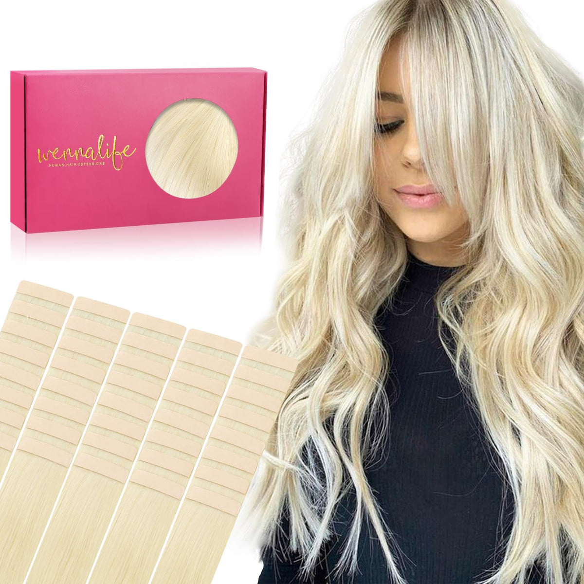 WENNALIFE 18&quot; Platinum Blonde Tape in Hair Extensions - 40pcs 100g Real Human Hair