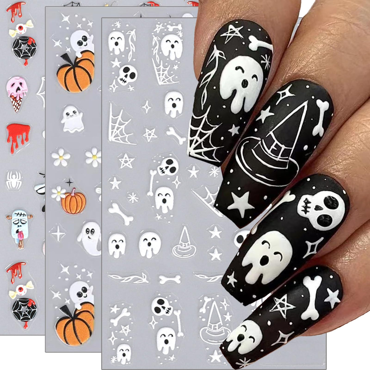 Winthrop 3 Sheets 5D Halloween Nail Stickers - Pumpkin, Spider Web & Skull Designs For Diy Manicure