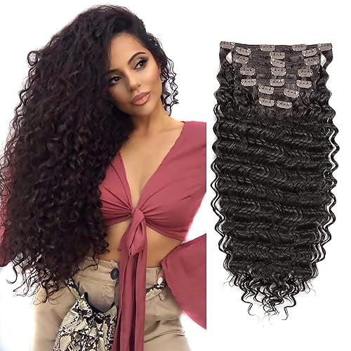 Fashion Icon Hair Clip in Hair Extensions 24&quot; 140G Synthetic Deep Wave Dark Brown #2 7Pcs