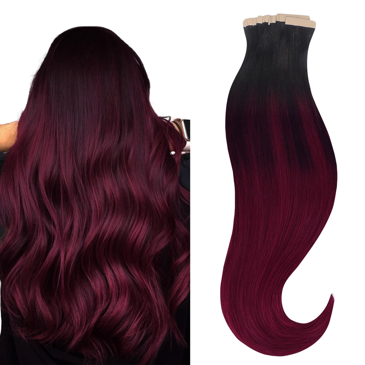 Hotbanana 18&quot; Tape In Hair Extensions 20Pcs Jet Black To Burgundy Remy Human Hair