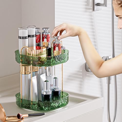 ZHIAI 2-Tier Green Rotating Makeup Organizer - Skincare & Perfume Storage, Plastic Countertop Holder