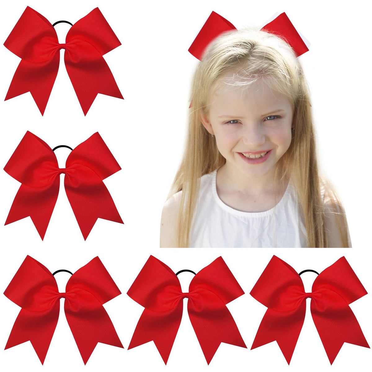 OAOLEER 8&quot; Jumbo Cheer Bows - Red Elastic Ponytail Holders for Girls & Women (5PCS)