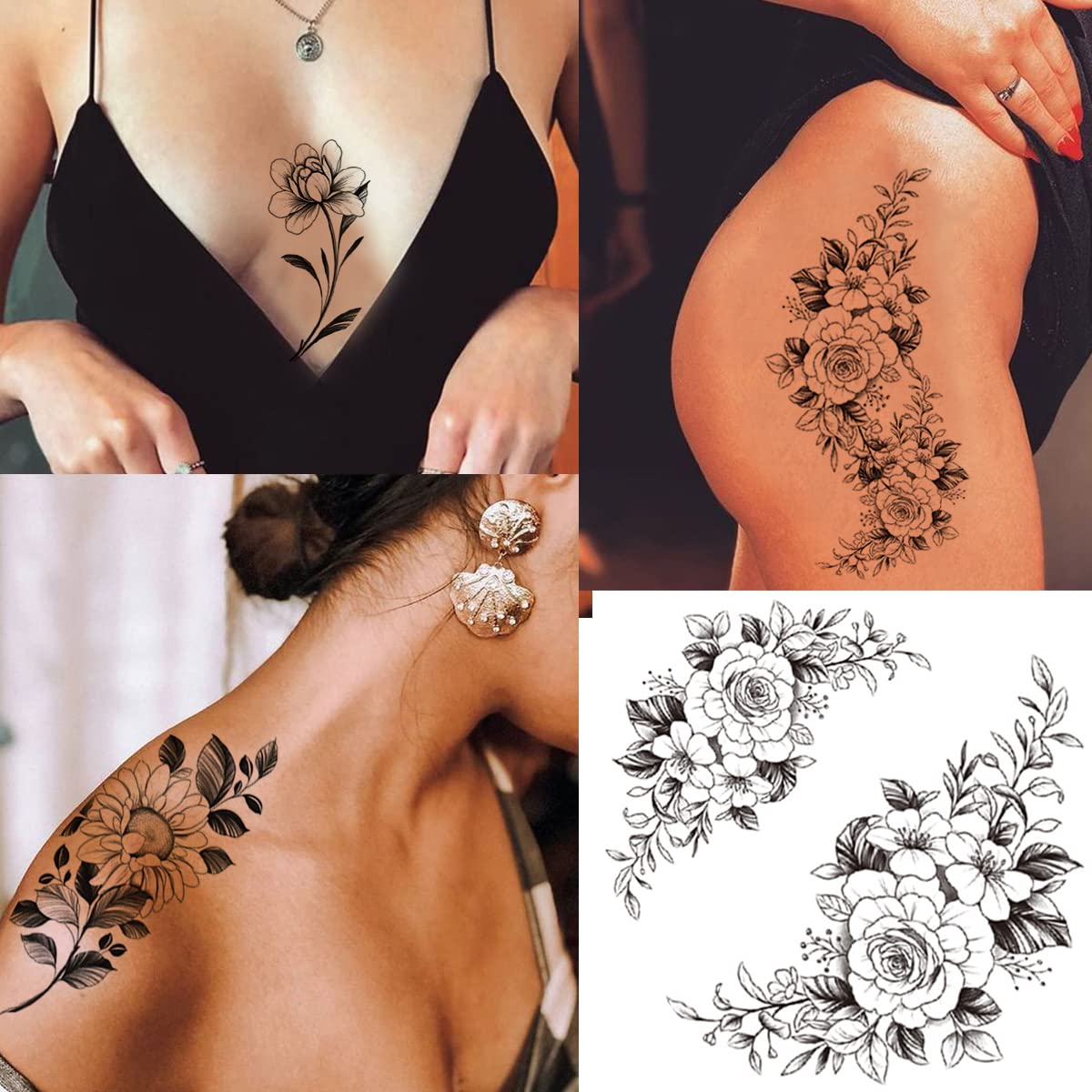 Tazimi 10 Sheets 3D Black Flower Rose Waterproof Temporary Tattoos For Women And Girls