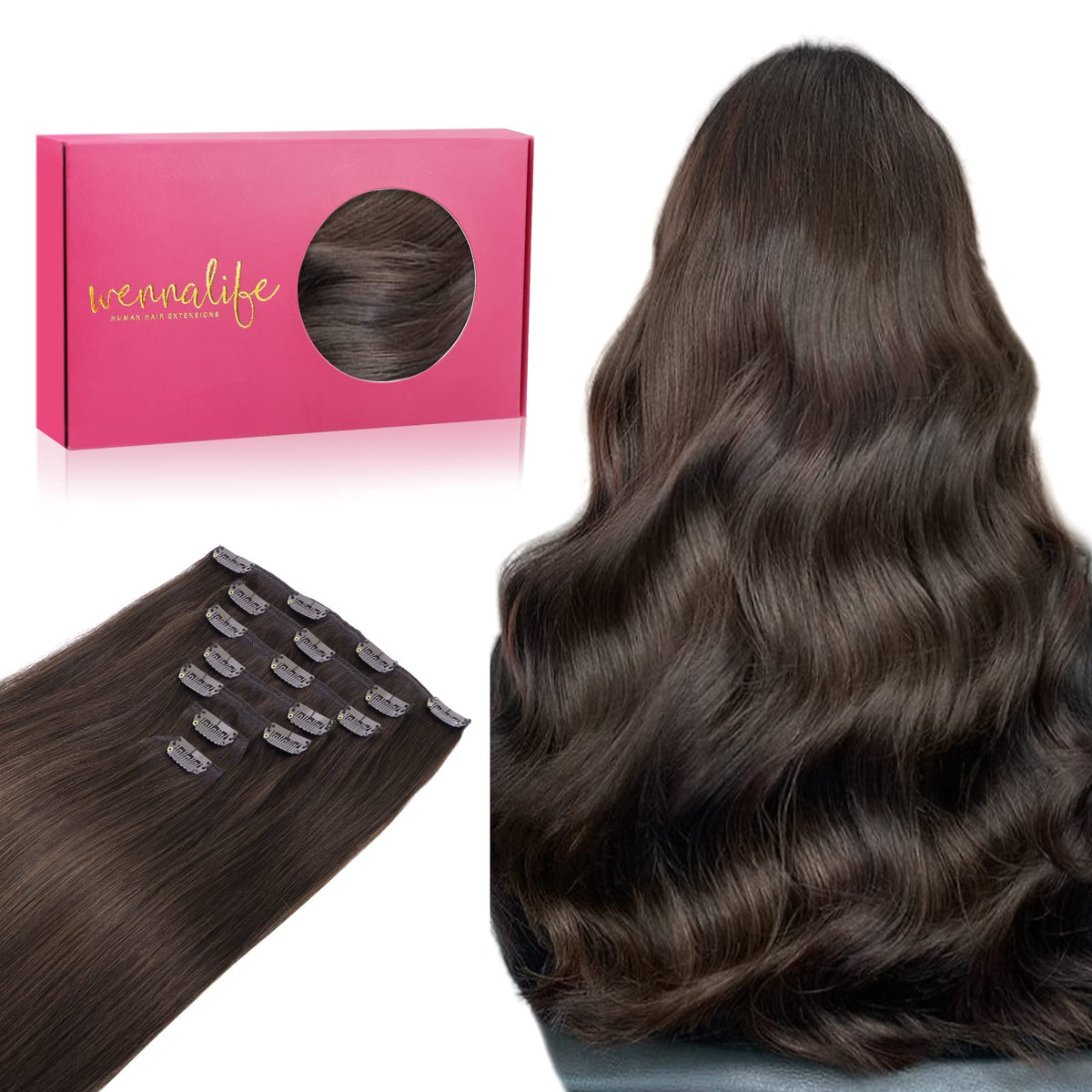 WENNALIFE 14&quot; Clip in Hair Extensions 120g, Light Dark Brown Real Human Hair, 7pcs Double Weft