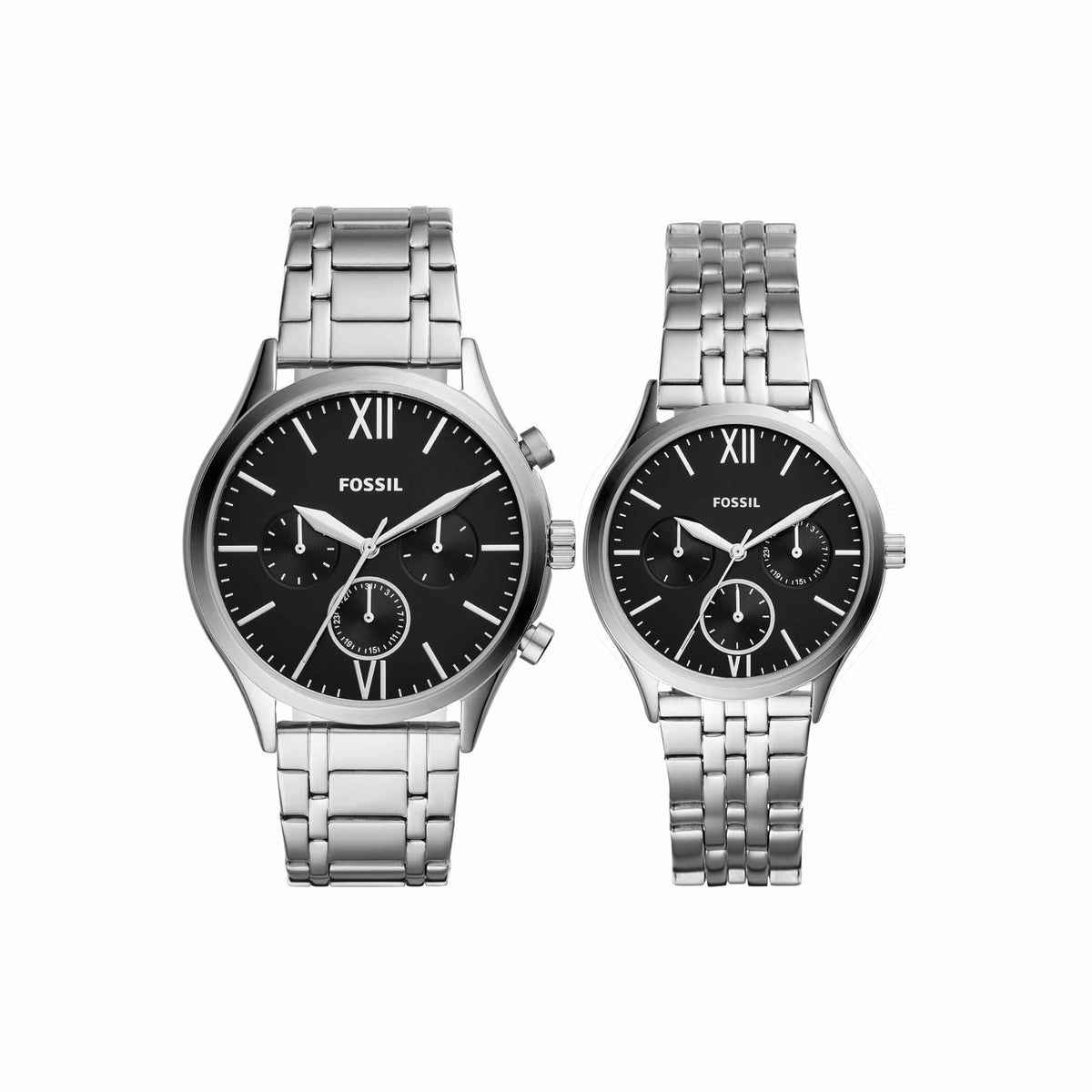 Fossil His And Her Fenmore Stainless Steel Multifunction Watch Gift Set - Silver