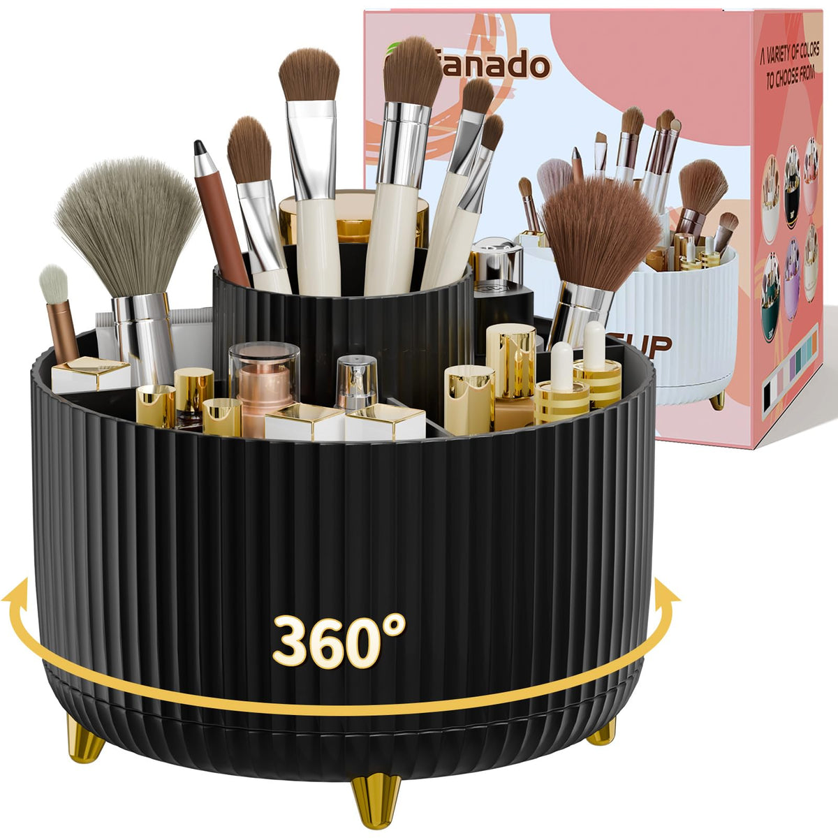 Fanado 360° Rotate Makeup Brush Holder Organizer - Black Skincare & Makeup Storage For Vanity