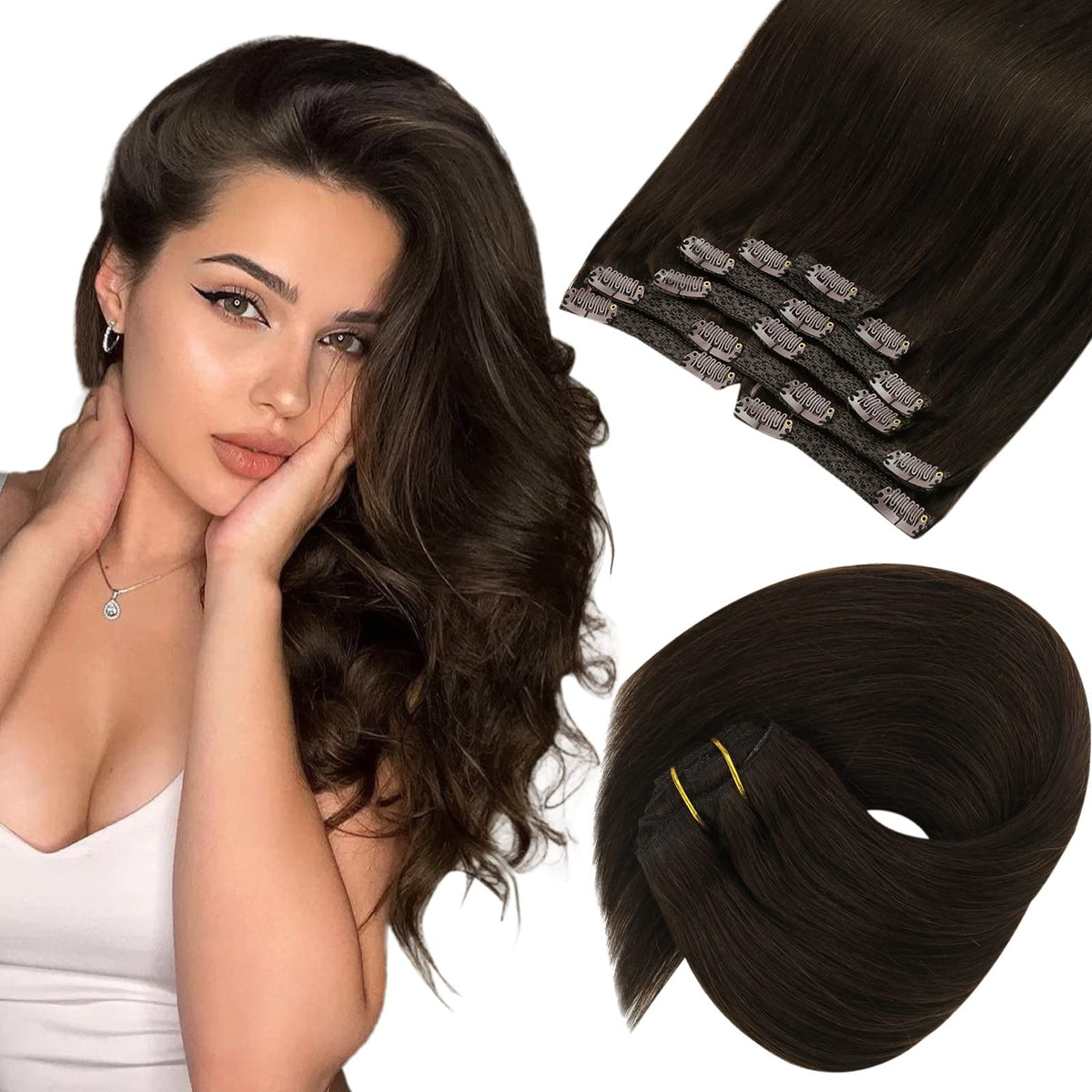 Ve Sunny 22&quot; Dark Brown Clip-In Hair Extensions, 120g, 7pcs Human Hair for Women #2