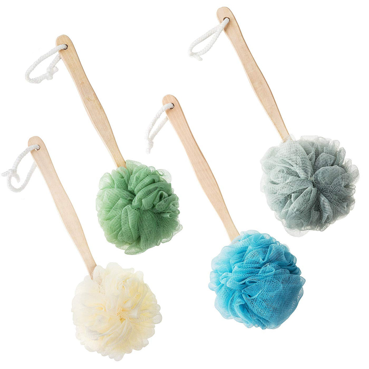 Swstinling 4 Pack Large Bath Puff Loofah Sponge With Long Handle - Multi-Colored Spa Brush Set