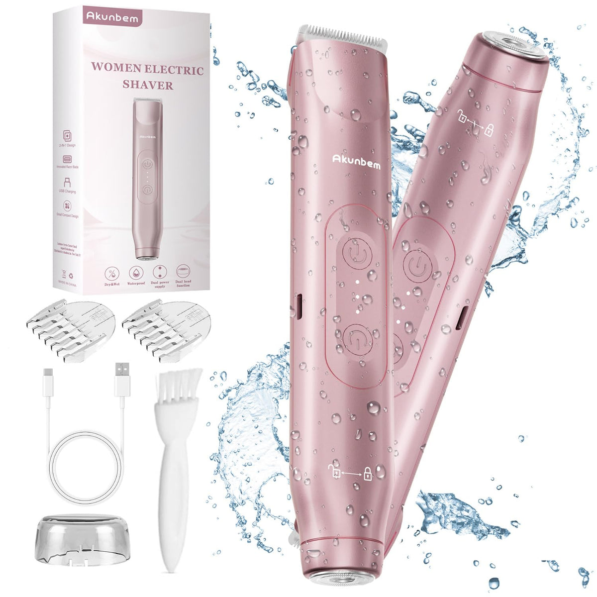 Akunbem 2-In-1 Electric Shaver & Bikini Trimmer For Women, Ipx7 Waterproof, Pink