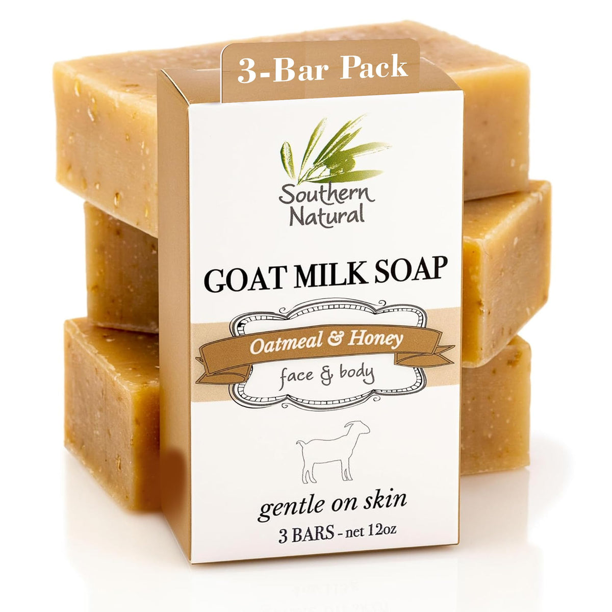 Southern Natural Oatmeal Soap Bar 3 Pack - Unscented Goat Milk With Colloidal Oatmeal & Honey