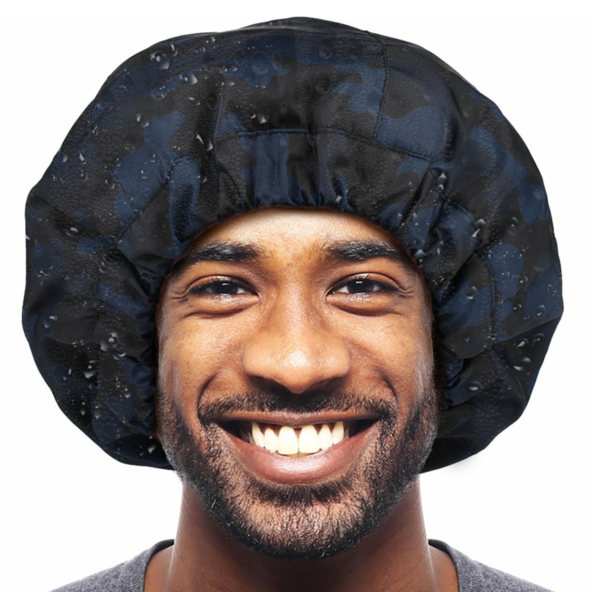 Aileam Blue Camouflage Shower Cap For Men, Large Waterproof, Reversible With Terry Lining