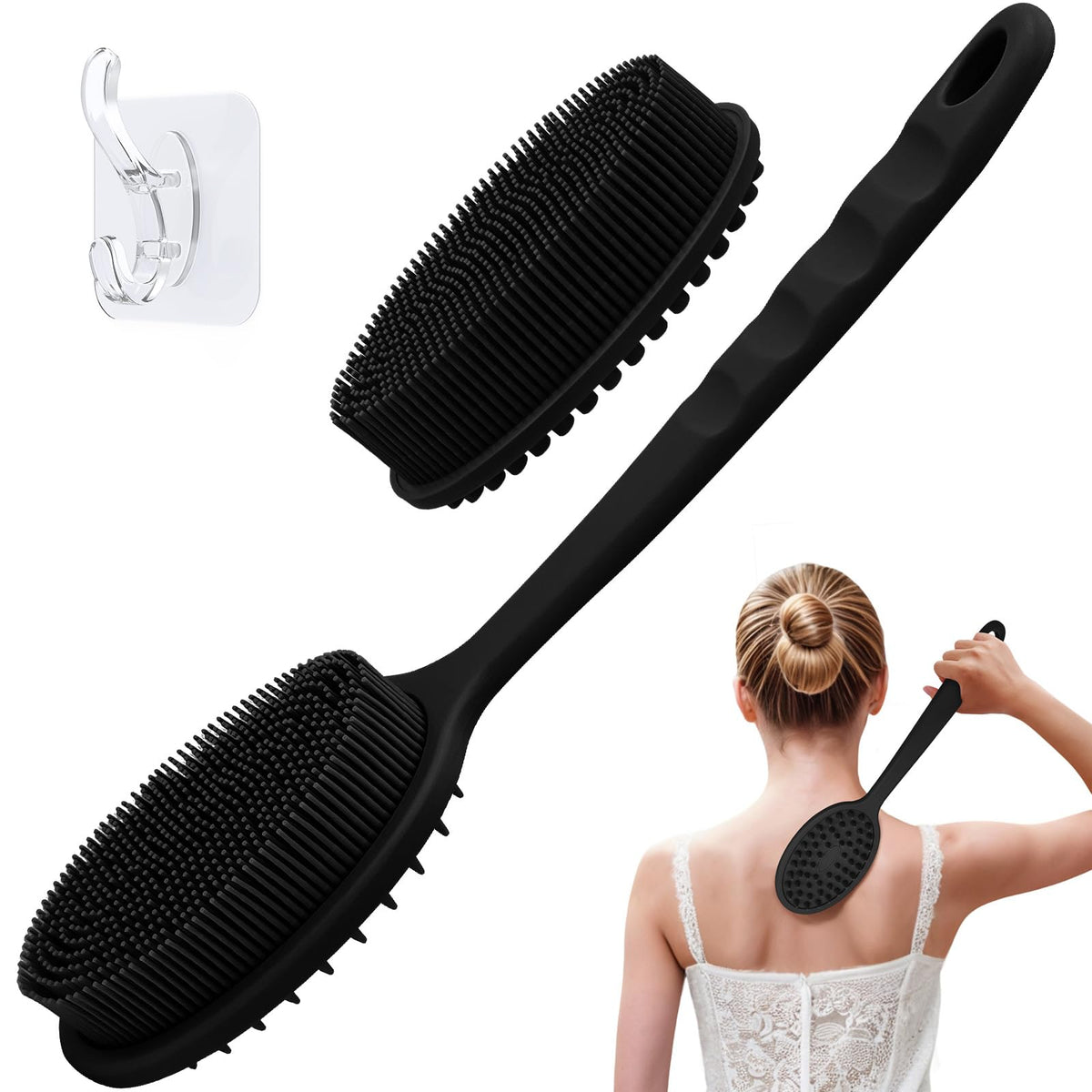 Geenoa Silicone Back Scrubber With Handle, Soft Body Loofah, 2 Replaceable Brush Heads, Black