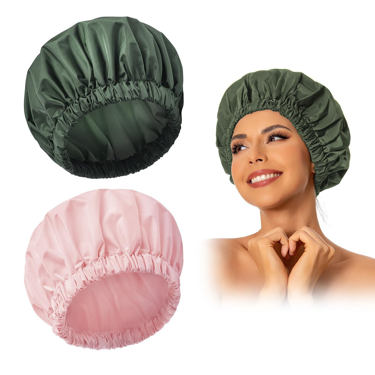 Edoneery Reusable Waterproof Shower Cap For Women - Large Elastic Bath Hair Hat (Pink&Green)