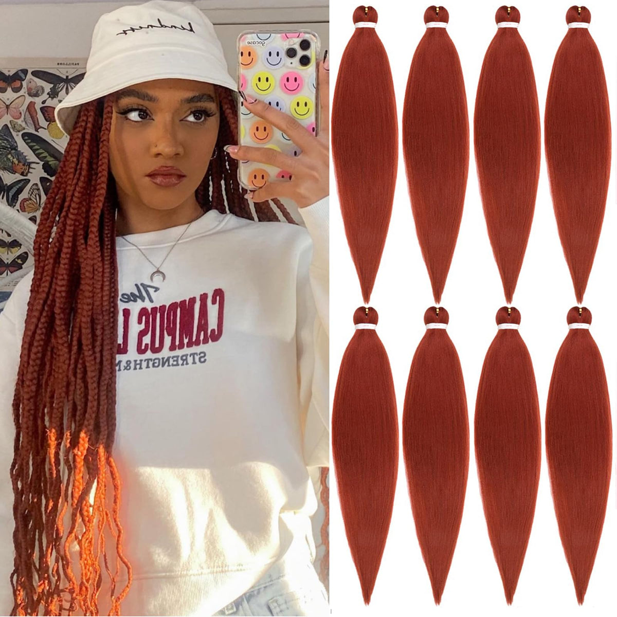 Union Beauty 26&quot; Pre Stretched Crochet Braiding Hair 8 Packs Copper Red Yaki Texture 350#