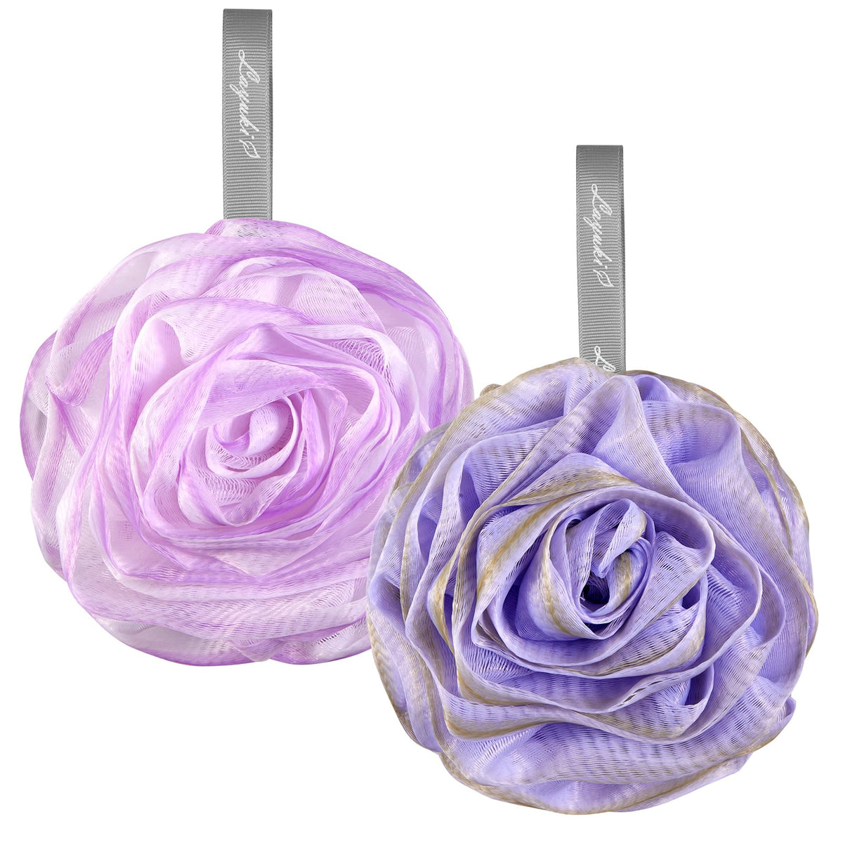 Layuki Rose-Shaped Bath Loofah Set - 2 Elegant Shower Sponges In Purple And Grey