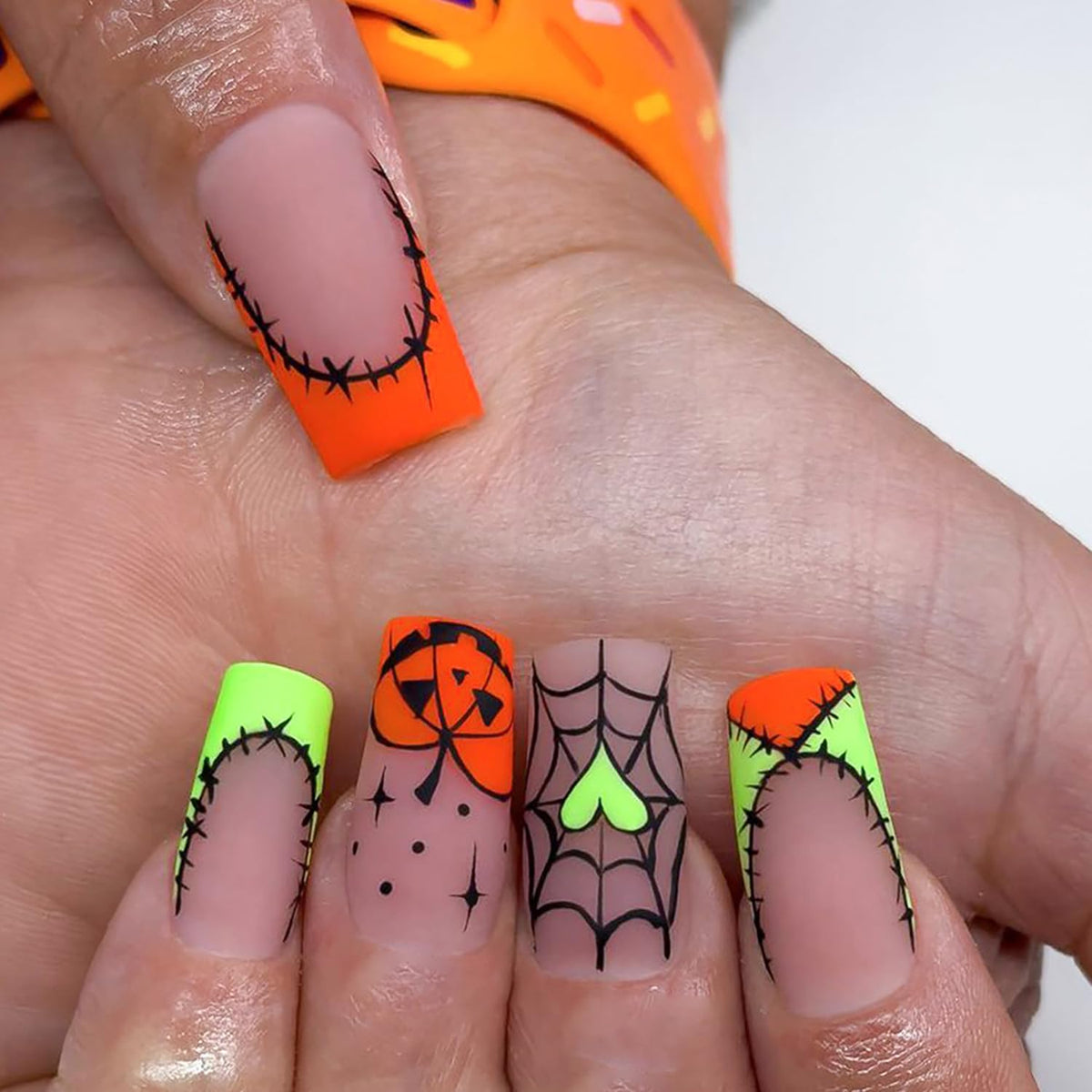 Kstbjn Halloween French Tip Press On Nails, Acrylic, Pumpkin Design, Reusable, Full Cover