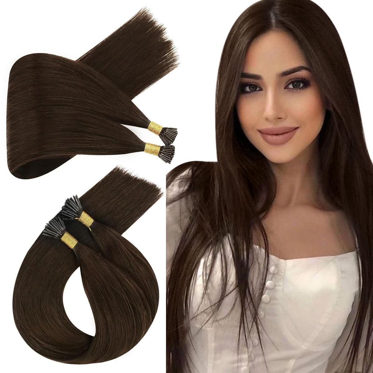 Ugeat Dark Brown I Tip Hair Extensions 18 Inch Human Hair Pre Bonded Real Hair 40g