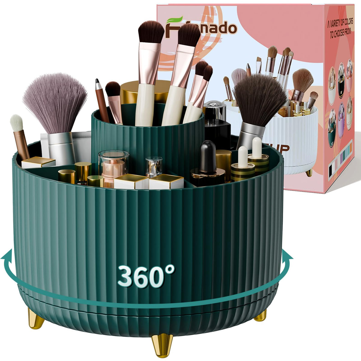 Fanado 360° Rotate Makeup Brush Holder - Green Makeup Organizer For Vanity & Bathroom Storage