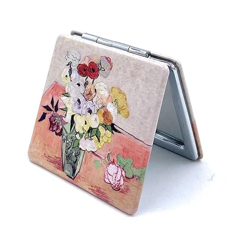 Aeisage Floral Compact Mirror - Van Gogh Japanese Vase Design, Bridesmaid Gift, Faux Leather