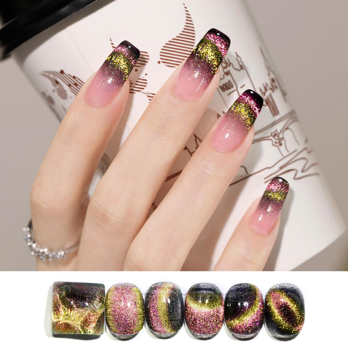 Double Rhythm Holographic Cat Eye Gel Polish 15Ml - Pink Green Magnetic Nail Color