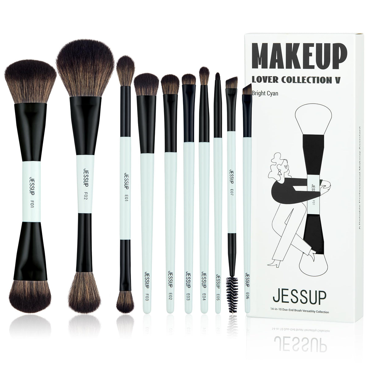 Jessup 10Pcs Makeup Brushes Set - Double Sided Foundation, Blush, Eyeshadow, Bright Cyan