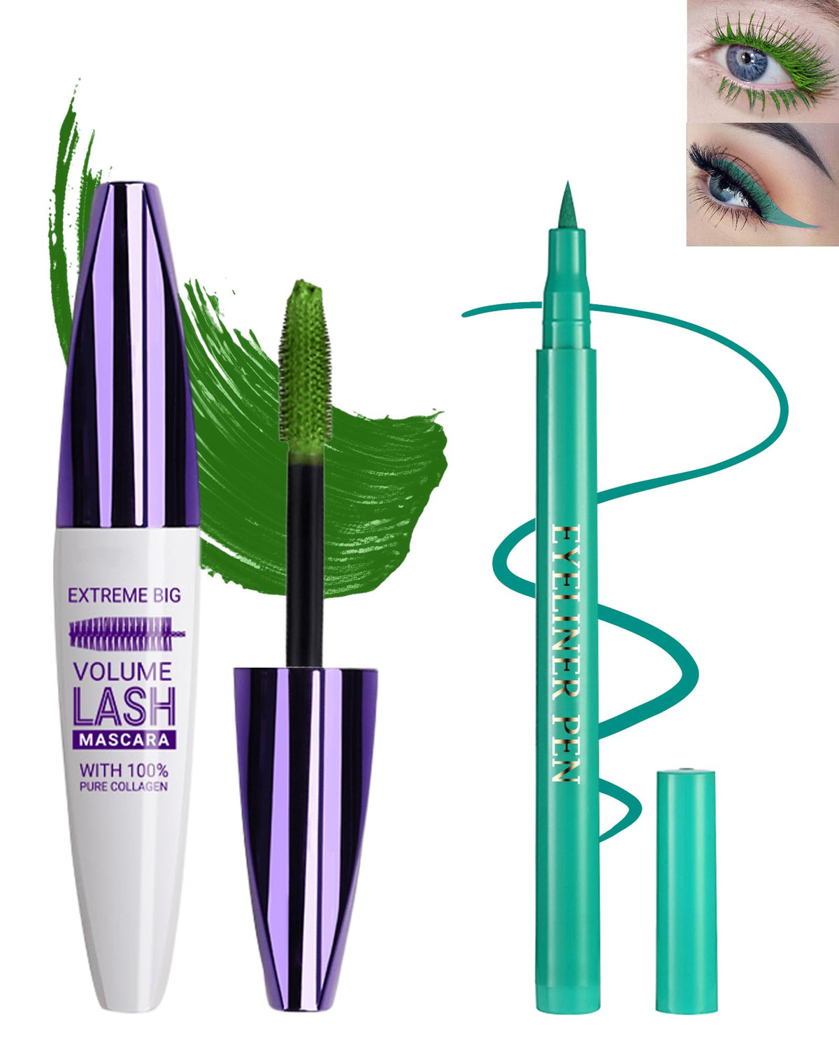 Lestpola Green Waterproof Mascara & Eyeliner Set, 5D Silk Fiber, Long-Lasting, Smudge-Pro