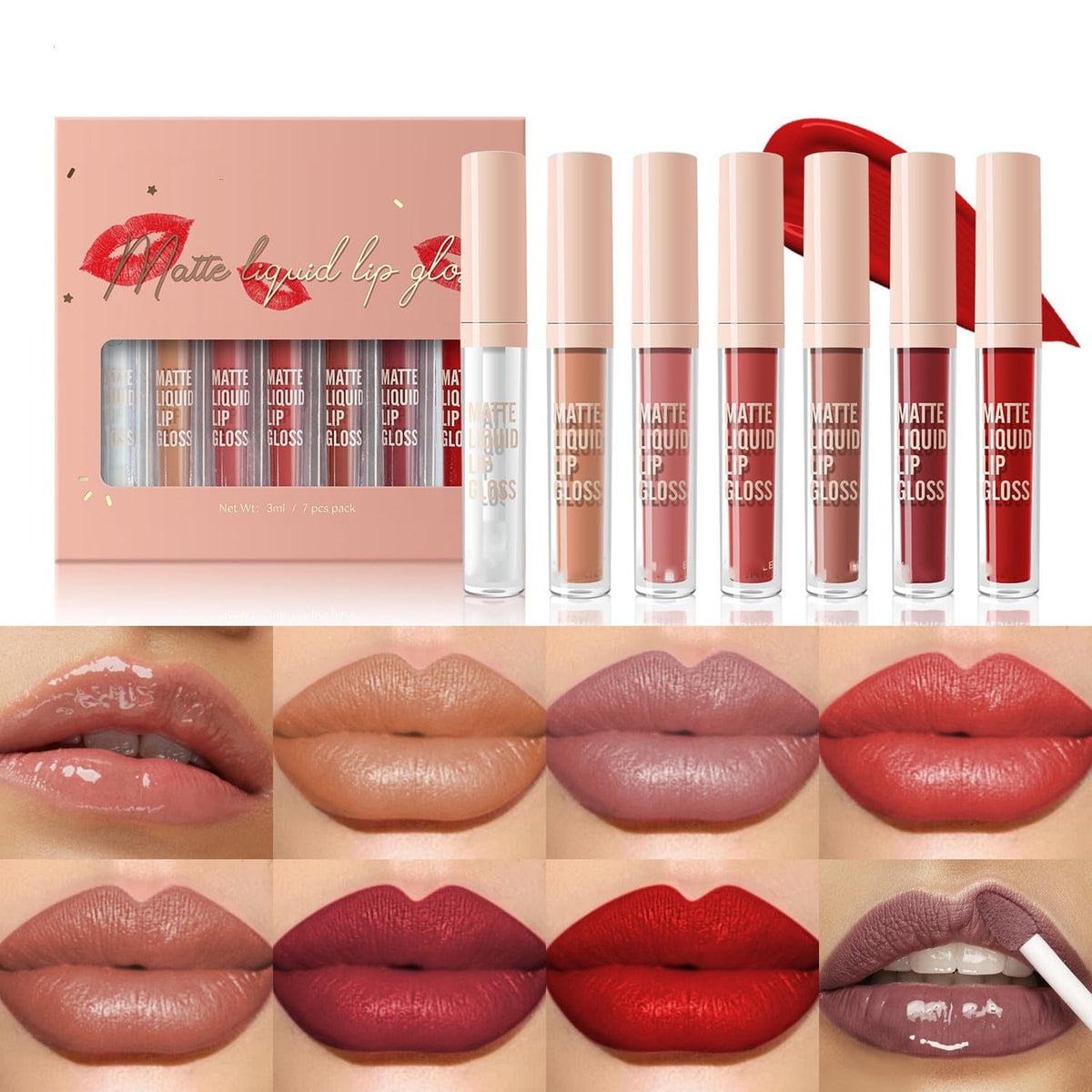 Melemando 6Pcs Matte Liquid Lipstick & 1Pcs Hydrating Lip Plumper Makeup Set For Women