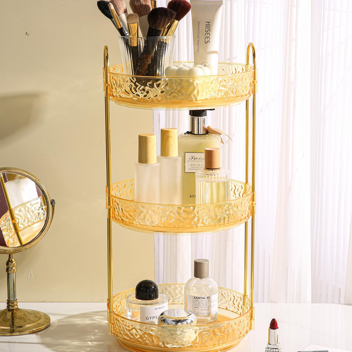 Fangoo Gold 3-Tier Rotating Makeup Organizer - 360° Skincare & Cosmetic Storage For Vanity