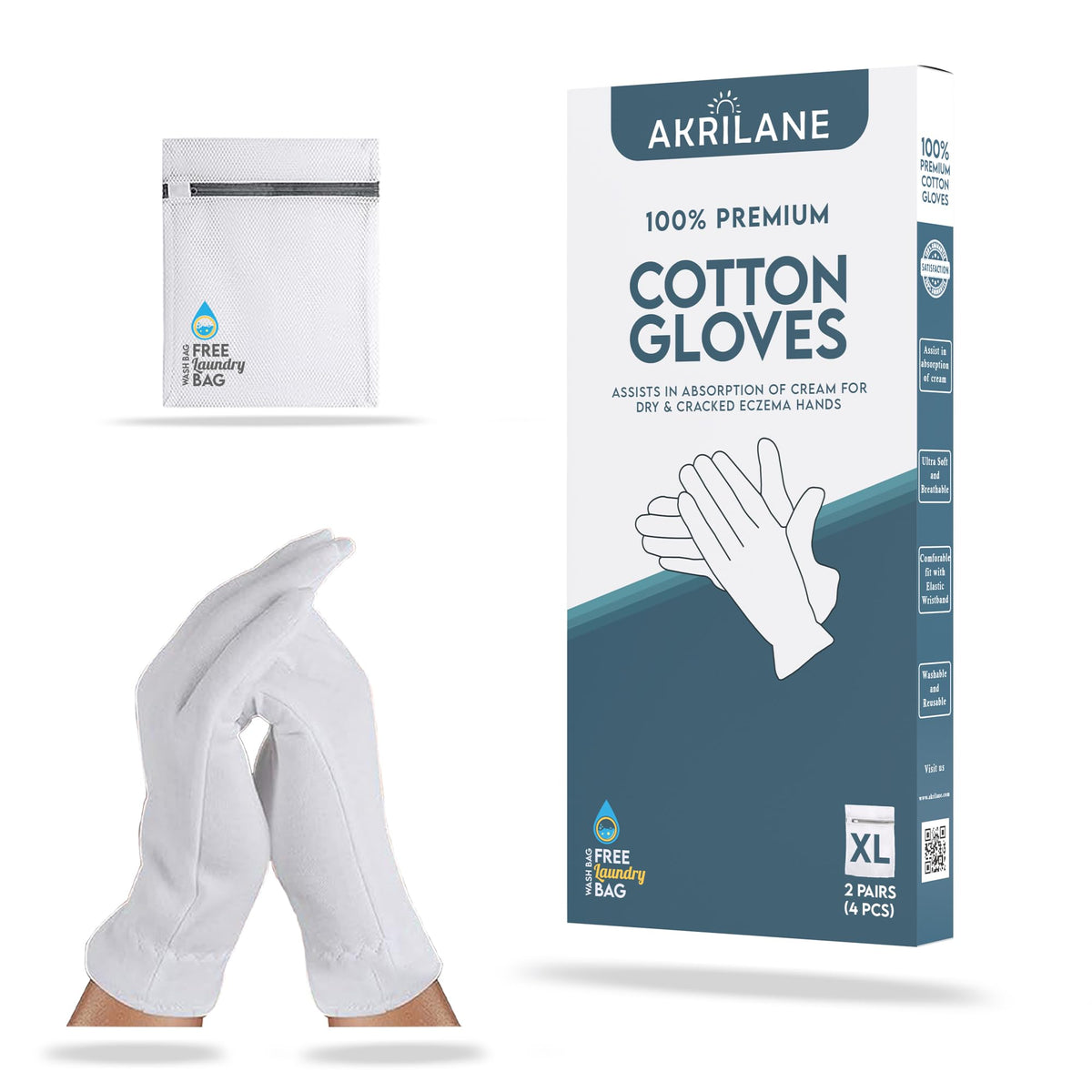 Akrilane Xl Cotton Gloves - 2 Pairs Moisturizing For Eczema & Dry Skin, Washable With Laundry Bag