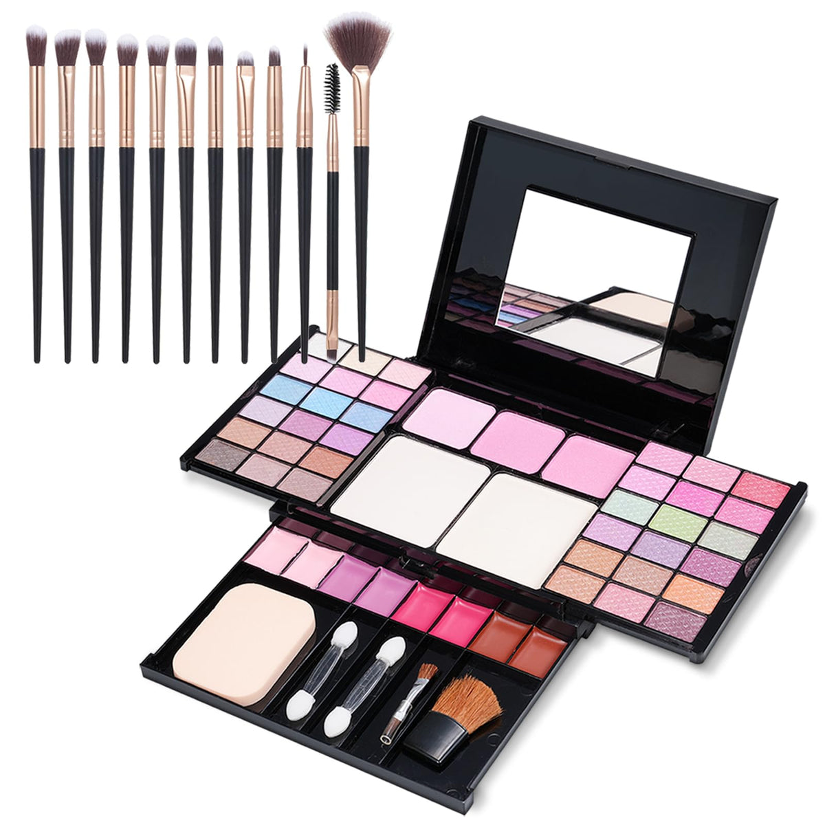 Kavcent All In One 9 Pcs Makeup Kit - 16 Colors Eyeshadow, Foundation, Lip Gloss & Brushes