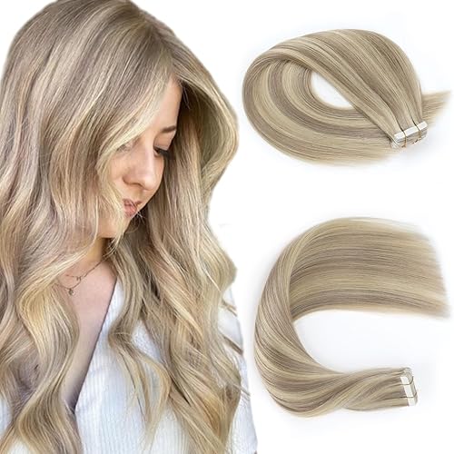 Sassina 16&quot; Human Hair Tape In Extensions - Golden to Medium Blonde, Seamless, 50g, 20 Pcs