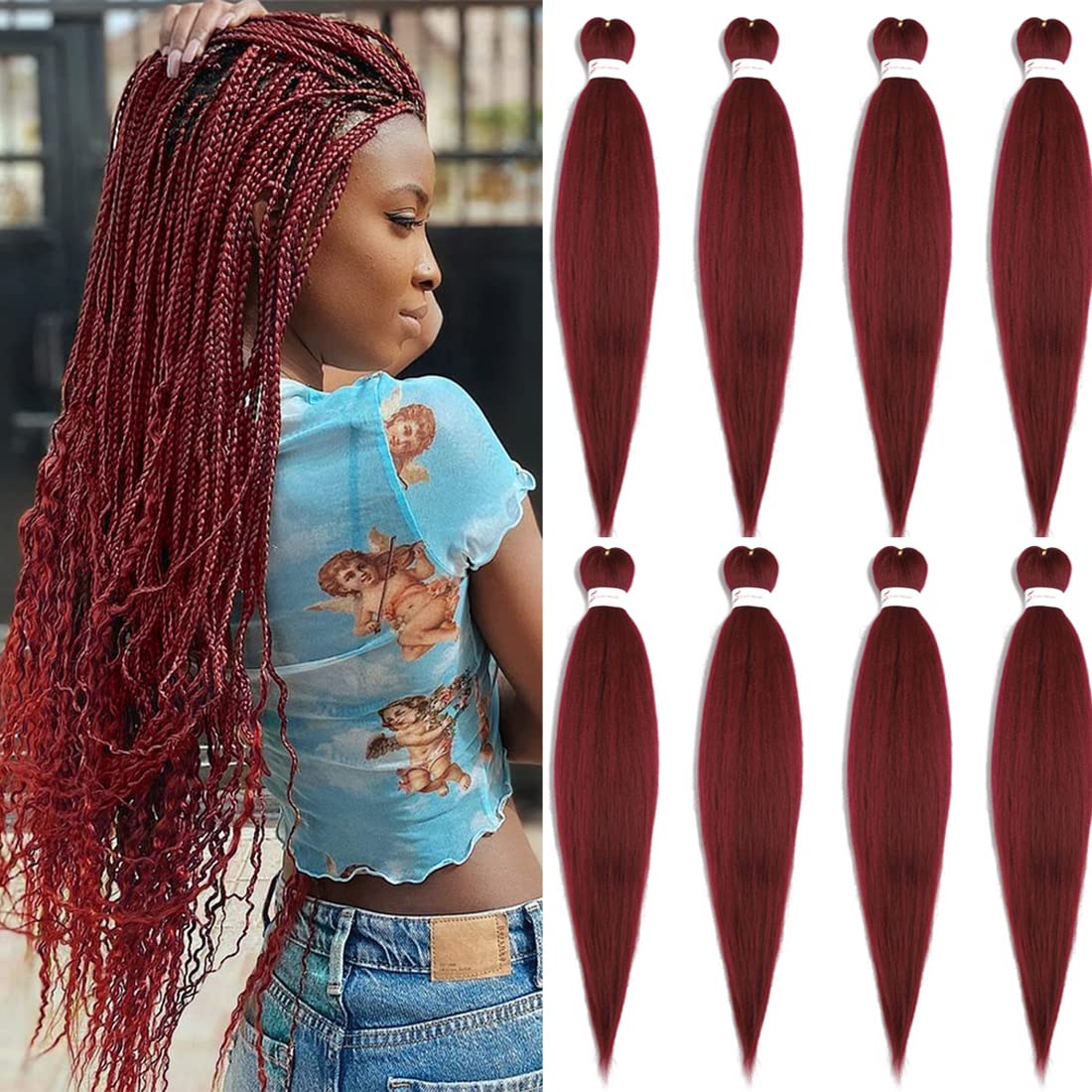 Hensleely 26&quot; Burgundy Pre-Stretched Yaki Braiding Hair Extensions, 8 Packs, Soft Synthetic Braid