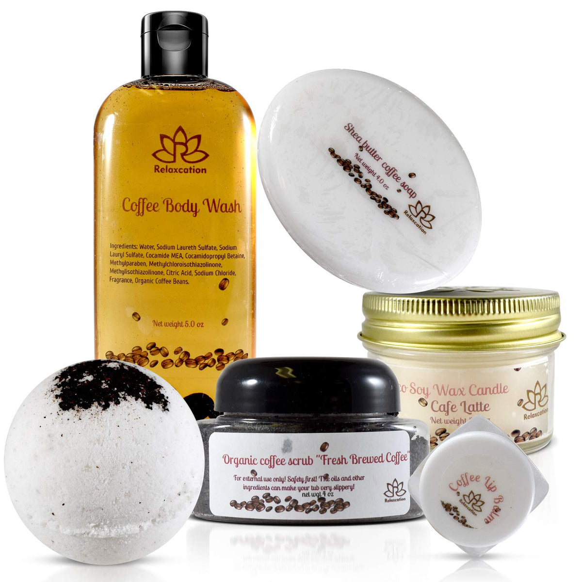 Relaxcation Coffee Love Bath And Spa Gift Set - 6 Piece Scrub, Bomb, Candle, Soap, Lip Balm