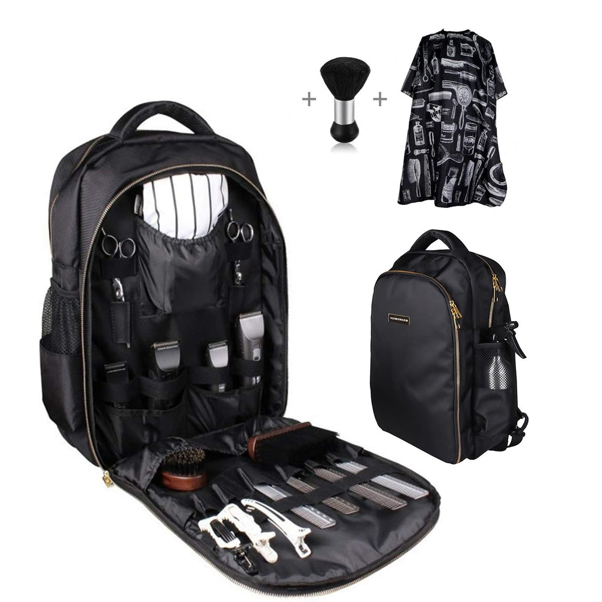 Huimswarm Large Black Barber Clippers Backpack With Cape & Brush, Waterproof, Copper Zipper