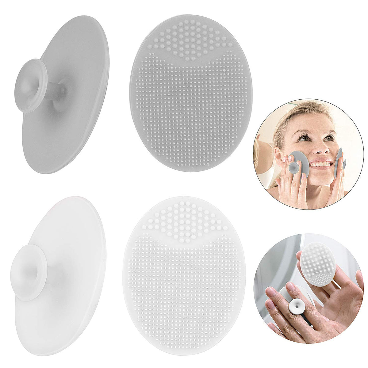 Luckyiren Silicone Face Scrubber Exfoliator Pads - 4 Pack For Acne & Blackhead Removal, Grey/White