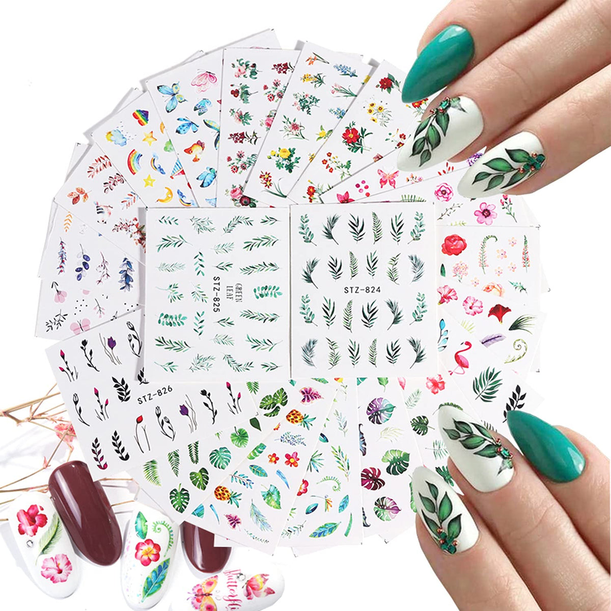 Tbrztr 29 Sheets Flower Nail Art Decals - Water Transfer Stickers For Colorful Acrylic Nails