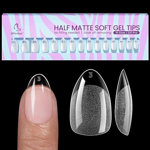 Btartbox Almond Nail Tips - 320Pcs Half Matte Soft Gel Tips, Clear, 16 Sizes For Full Cover Nails