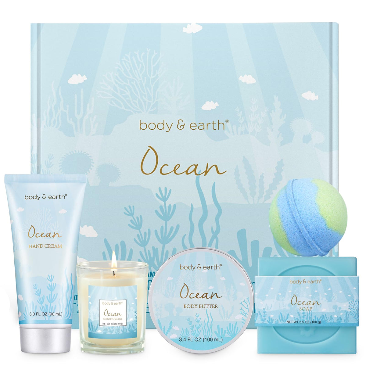 Body & Earth Ocean Scented Spa Gift Set For Women - 5 Piece Bath & Body Gifts With Candle & Cream