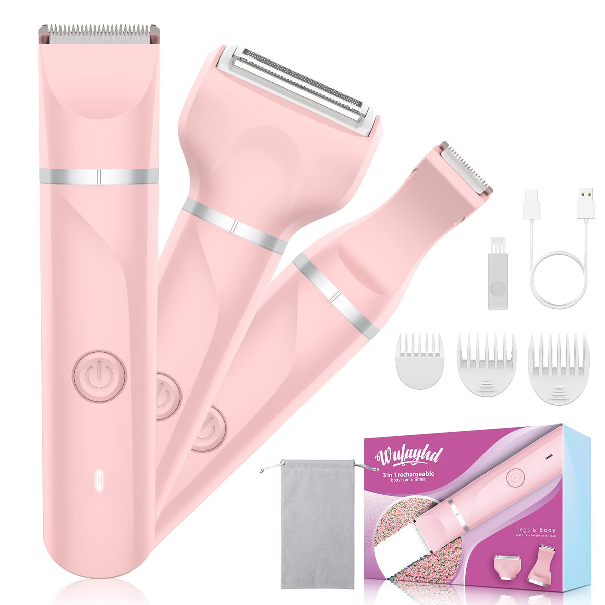 Wufayhd 3-In-1 Electric Razor For Women, Ipx7 Waterproof, Rechargeable Bikini Trimmer, Pink