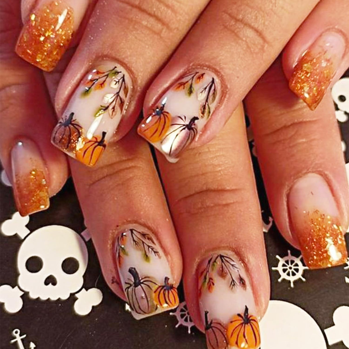 Jnrnali Fall Press On Nails - Short Square Orange Glitter Maple Leaf Design, 24 Pcs