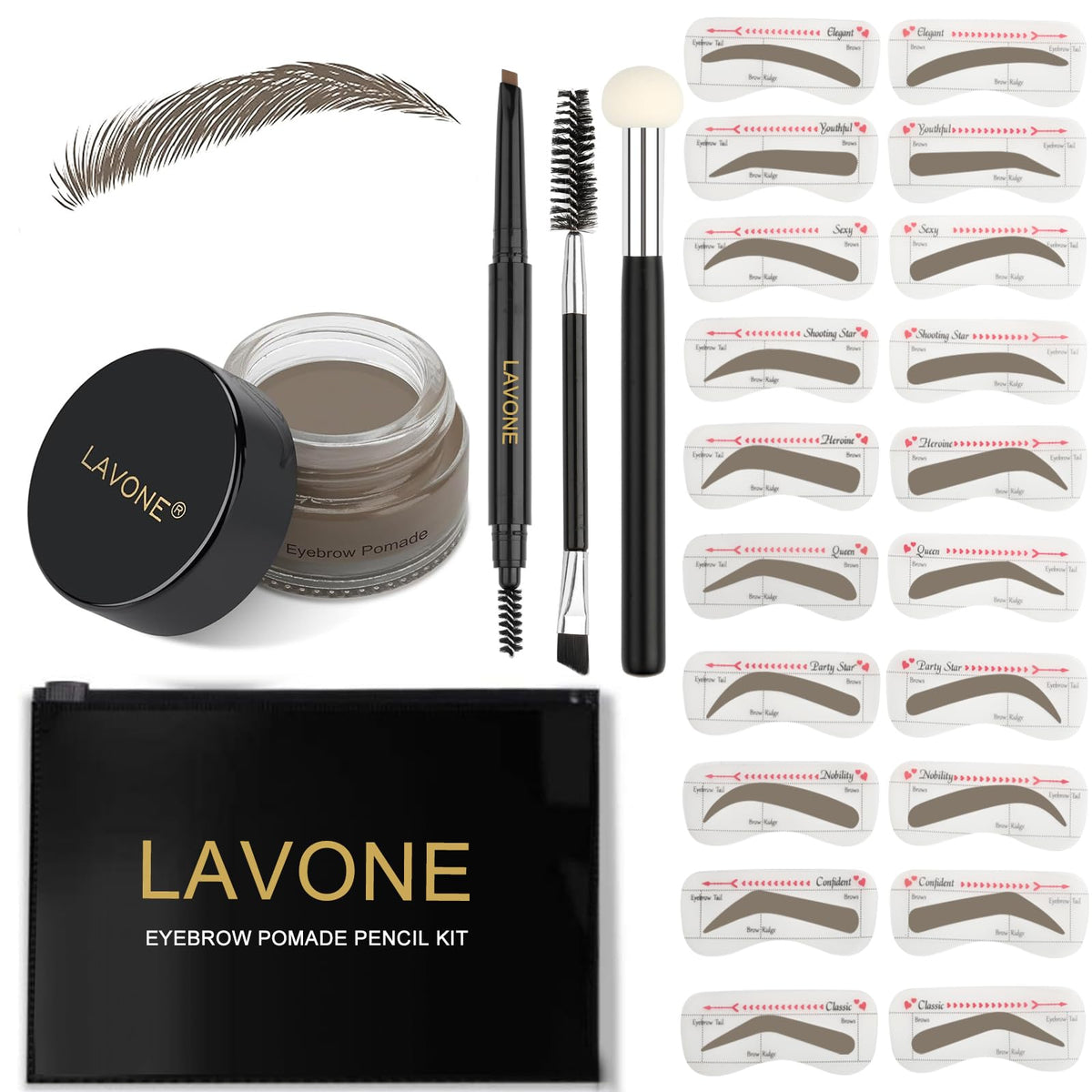 LAVONE Eyebrow Stamp Kit - Waterproof Pencil, Pomade, 20 Stencils, Dual-ended Brush, Dark Grey