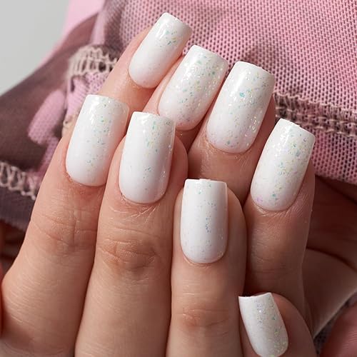 GLAMERMAID Nude White Press On Nails, Medium Square Gel Set, Reusable Glitter Manicure Kit