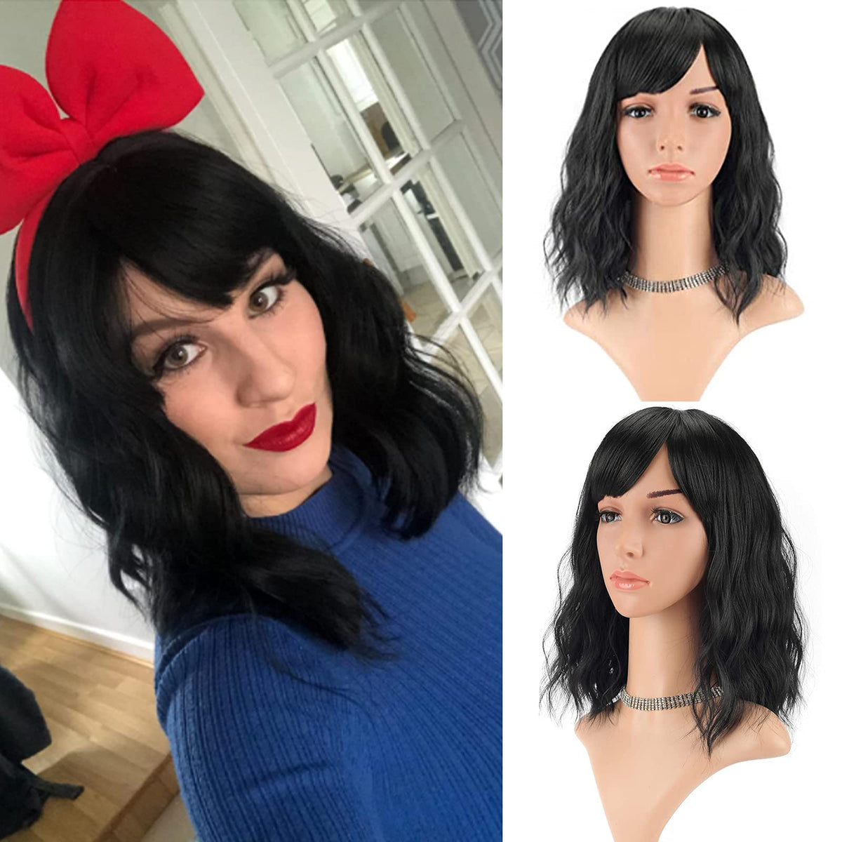 Faelbaty Black Shoulder Length Bob Wig With Bangs - 14&quot; Synthetic Cosplay Wig For Women