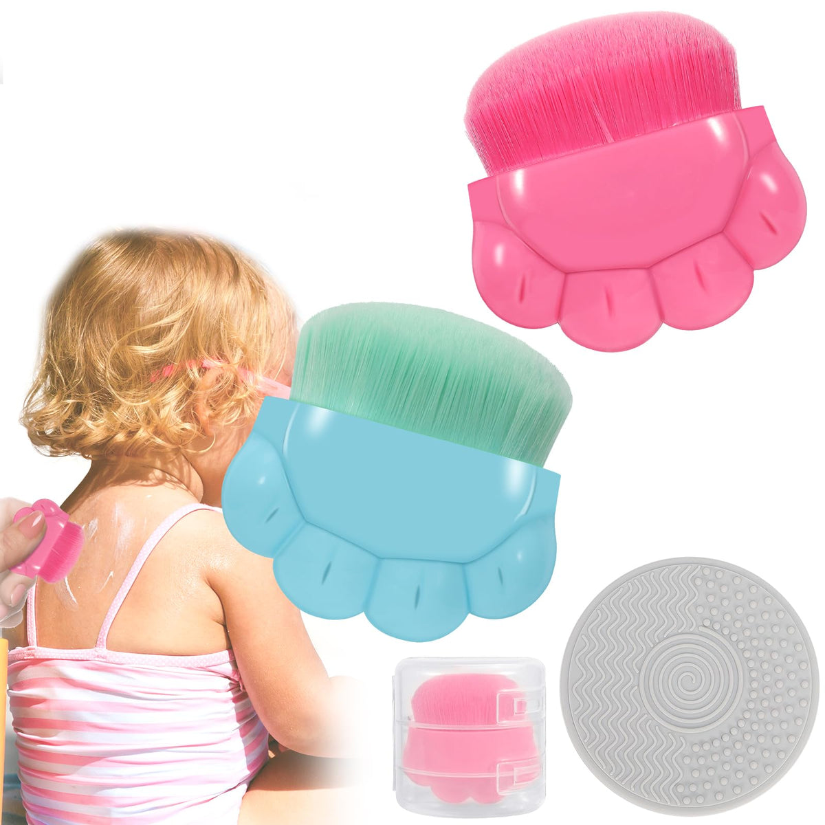 Rgqsun 2 Pack Kids Sunscreen Applicator Brush Set With Protective Case & Cleaning Pad, Blue/Rose