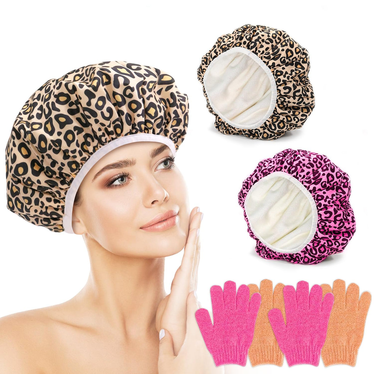 My Novel Things Waterproof Reversible Shower Caps 2Pc With Exfoliating Bath Gloves, Red & Brown