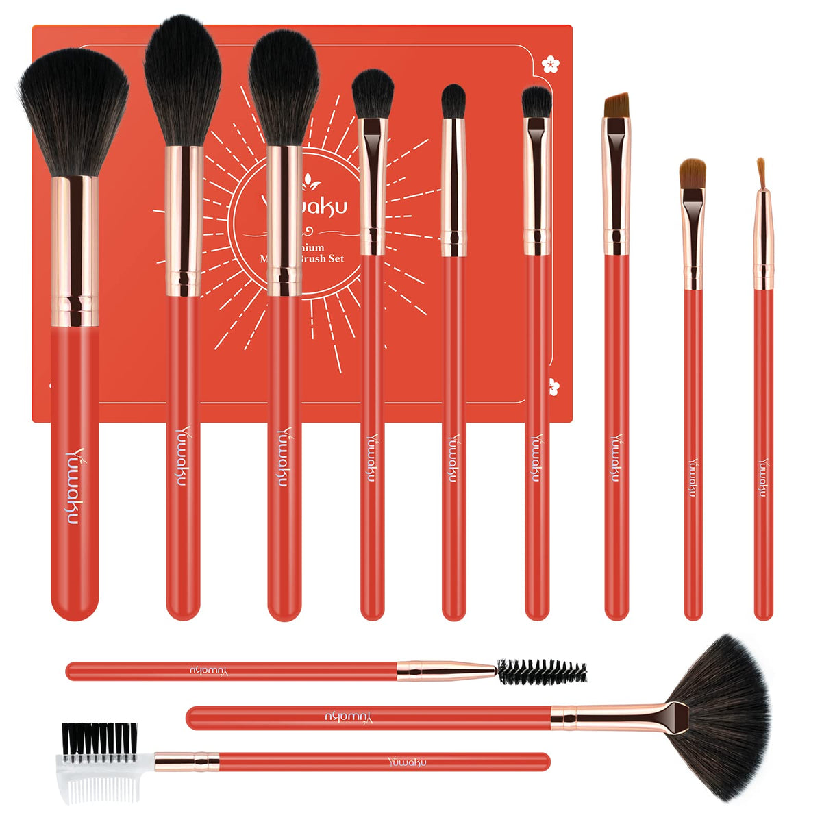 G-Texnik 12 Pcs Professional Makeup Brushes Set - Vegan, Soft Synthetic Bristles, Red Orange