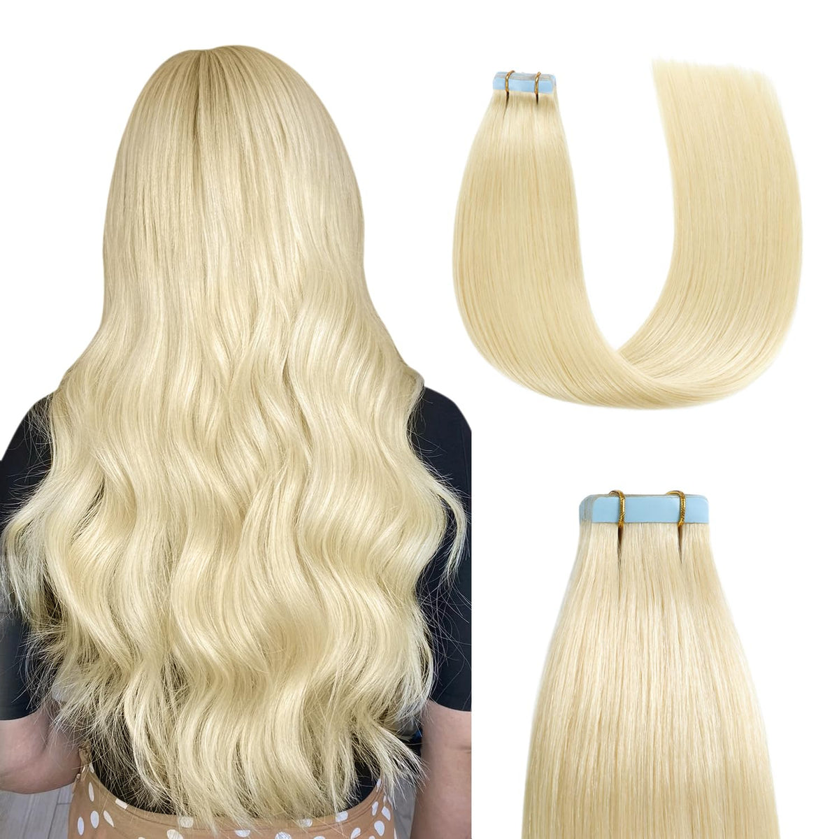 Sunya 16&quot; Platinum Blonde Tape In Hair Extensions - Real Human Hair, Seamless Skin Weft, 40G