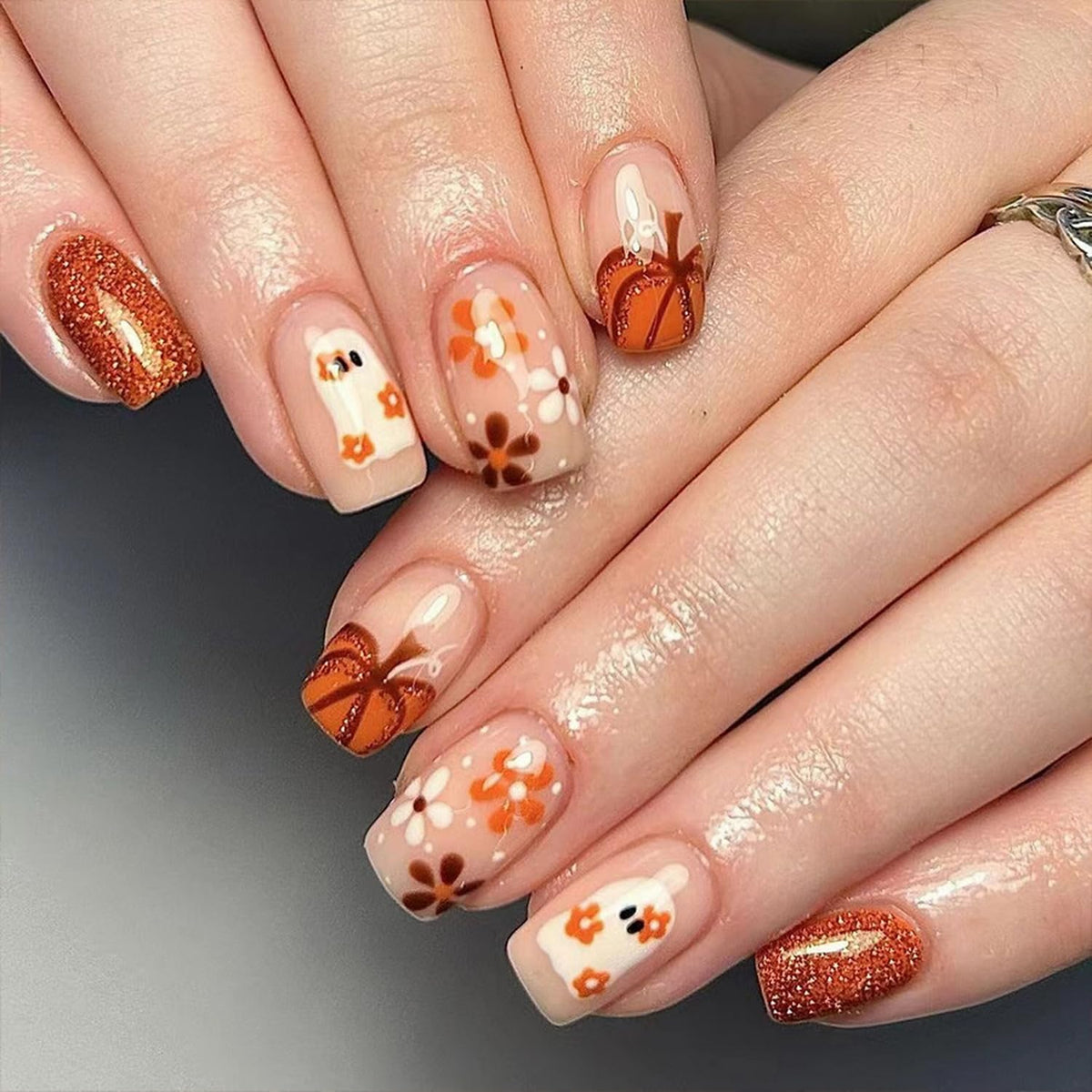 Fukidog 24 Pcs Fall Press On Nails - Yellow White Flower Halloween Designs, Acrylic Nail Kit