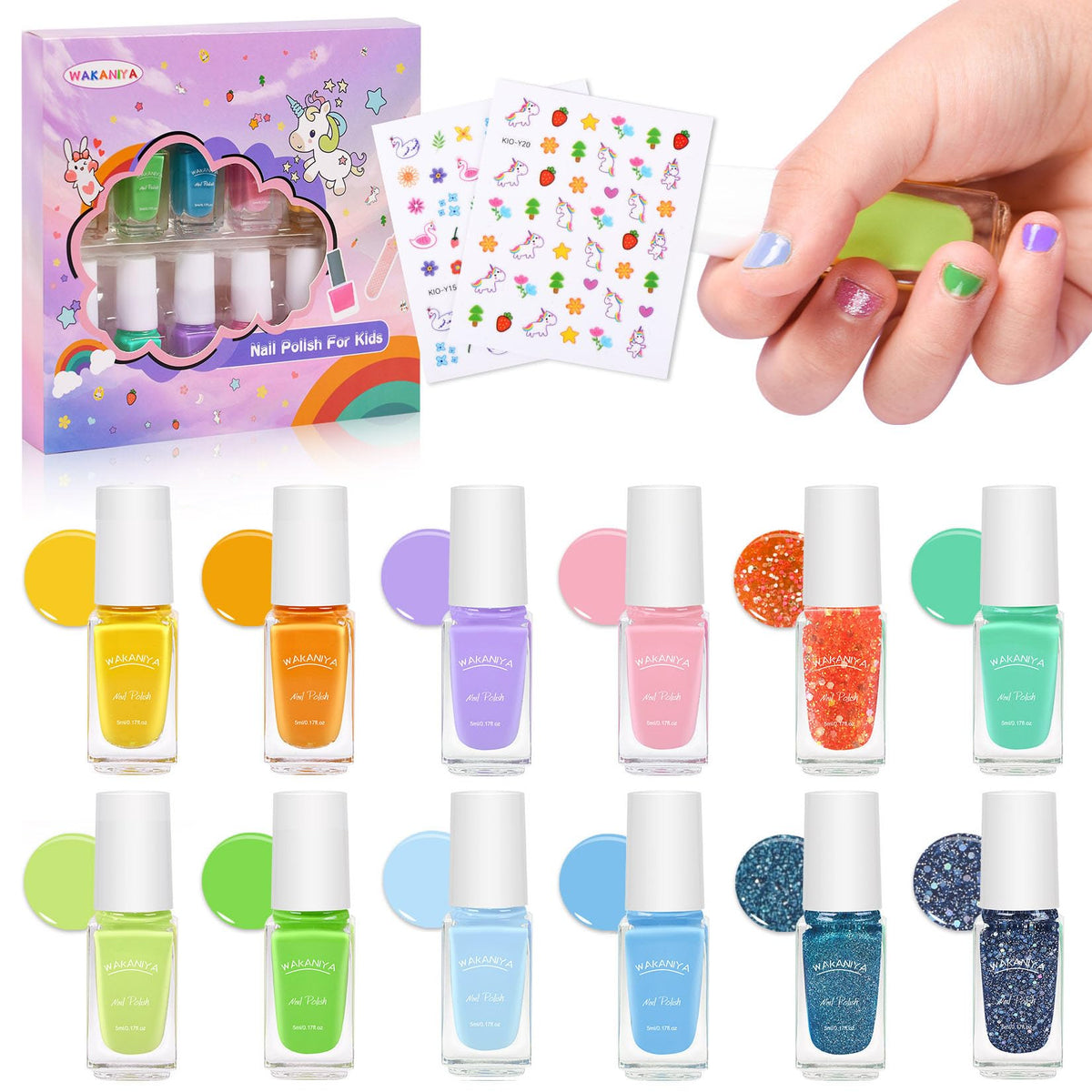 Wakaniya Kids Nail Polish Set - 12 Non-Toxic Candy Colors, Water-Based Peel-Off For Girls 3+